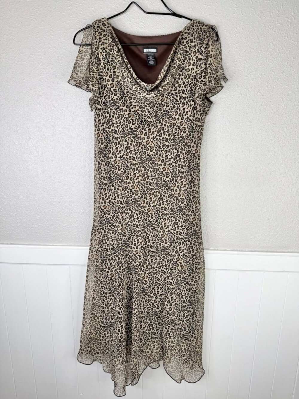 VTG 90s Y2K Leopard Print Dress Cowl Neck  Sz 10 Fairy Grunge Asymmetric Hem